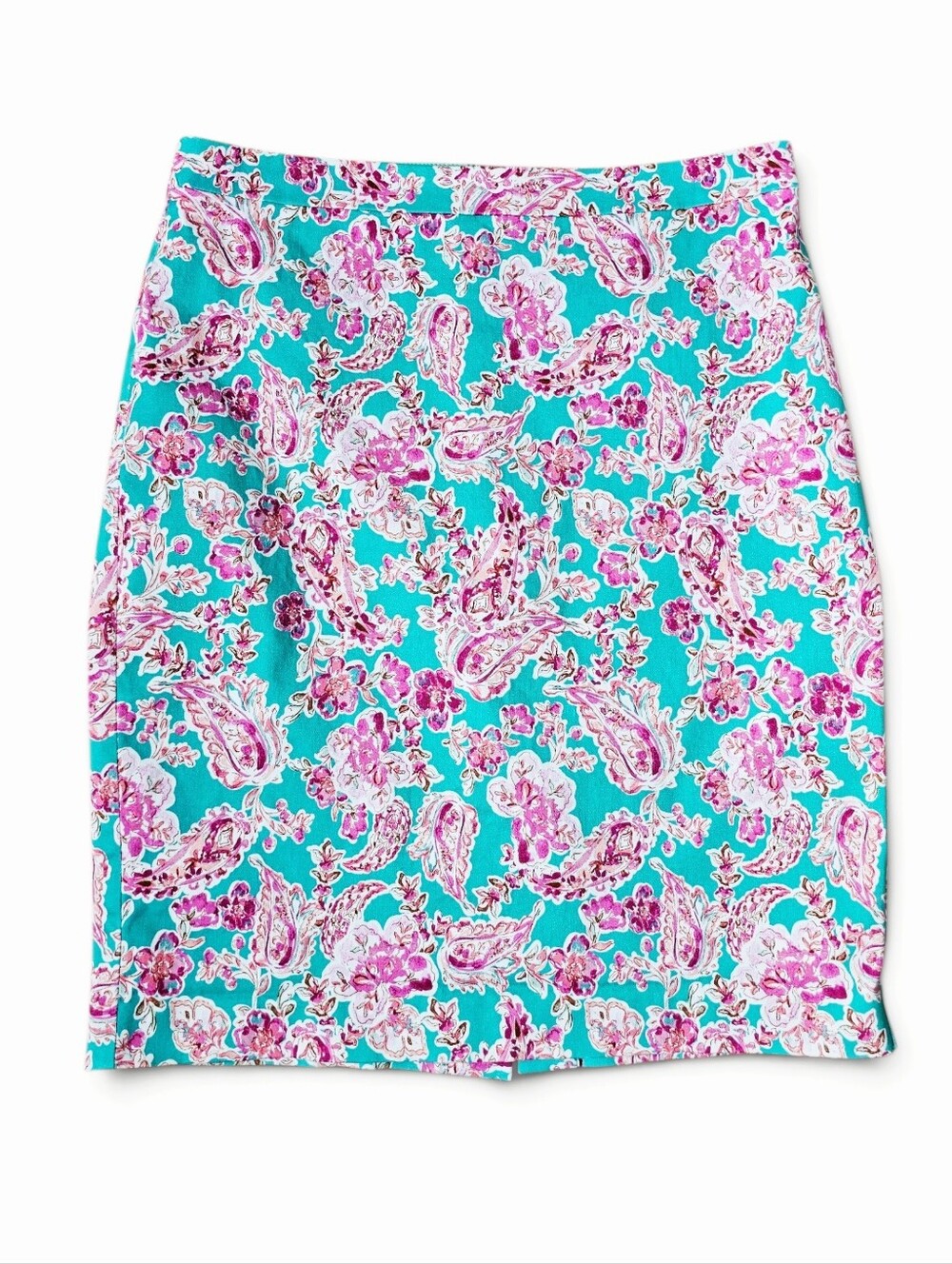 J. Crew Preppy Teal Pink Paisley Floral Cotton Skirt Palm Beach Style, Size 8